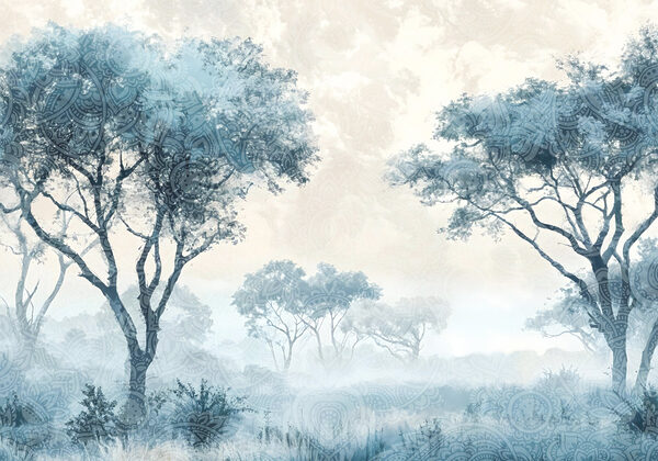 Paisagem de nevoeiro com árvores e plantas Paisagem de nevoeiro com árvores e plantas