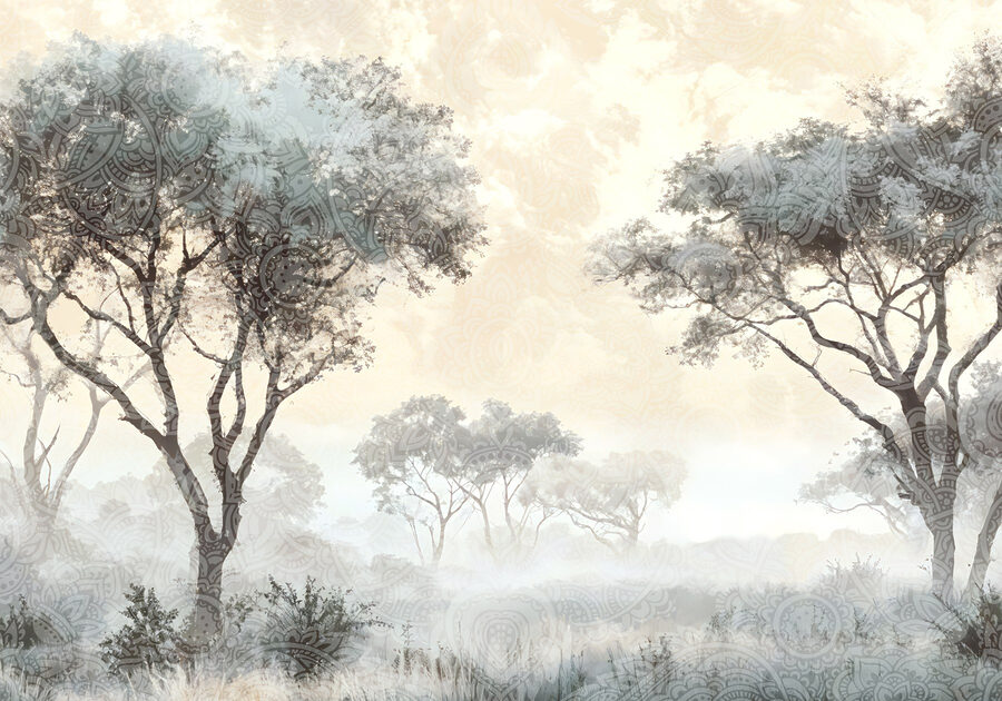 Paisagem de nevoeiro com árvores e plantas