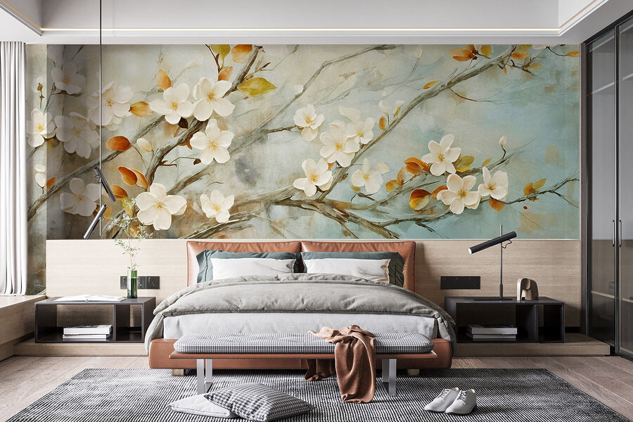Pintura de um ramo com flores brancas