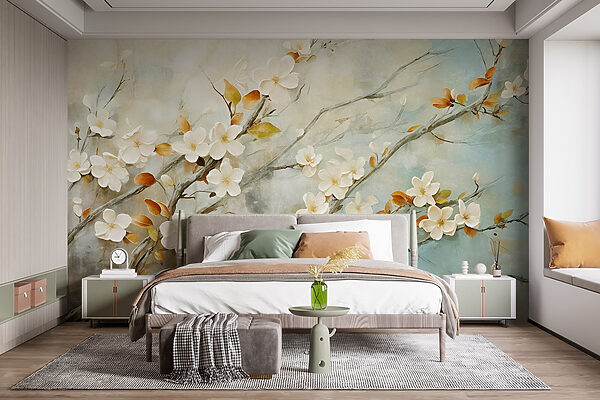 Pintura de um ramo com flores brancas Pintura de um ramo com flores brancas