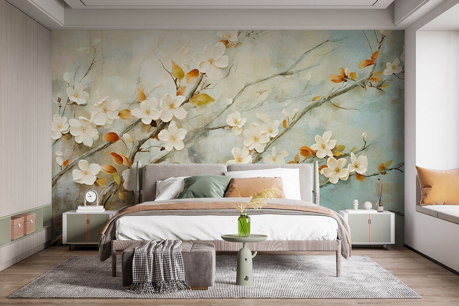 Pintura de um ramo com flores brancas