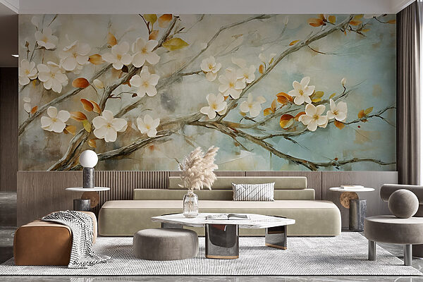 Pintura de um ramo com flores brancas Pintura de um ramo com flores brancas