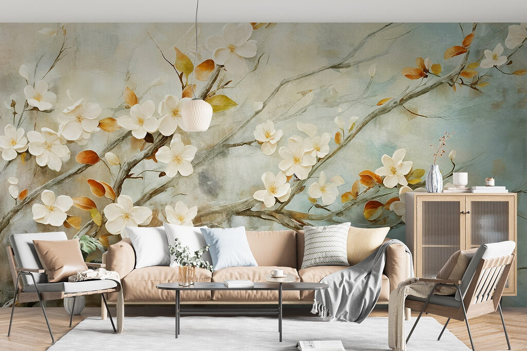 Painting of a branch with white flowers