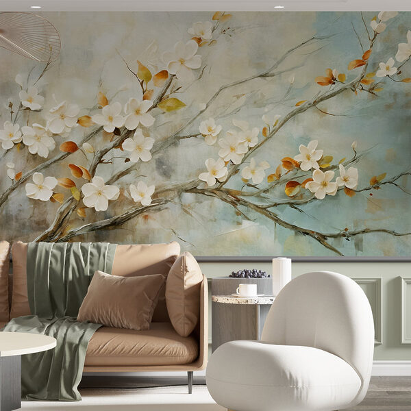 Pintura de um ramo com flores brancas Pintura de um ramo com flores brancas
