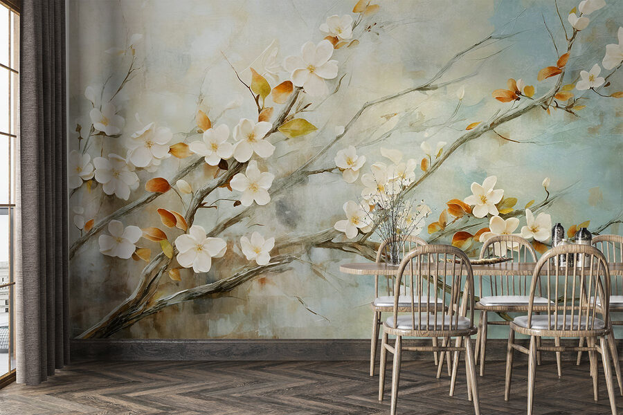 Pintura de um ramo com flores brancas