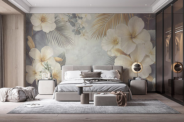Papel de parede Papel de parede Flores e folhas brancas (REF: w08445)
