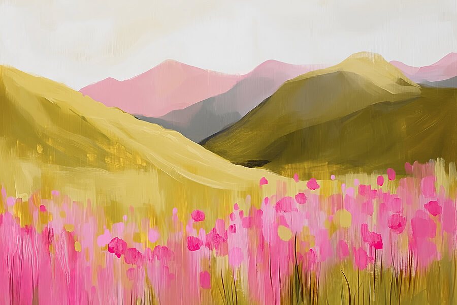 Pintura de um campo de flores cor-de-rosa