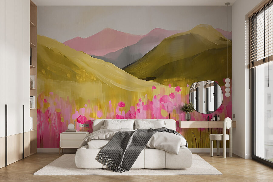 Pintura de um campo de flores cor-de-rosa