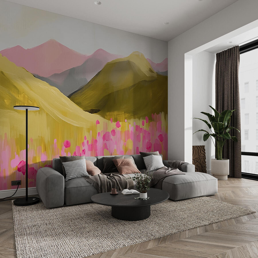 Pintura de um campo de flores cor-de-rosa