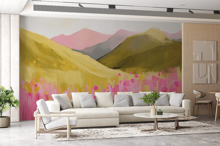 Pintura de um campo de flores cor-de-rosa