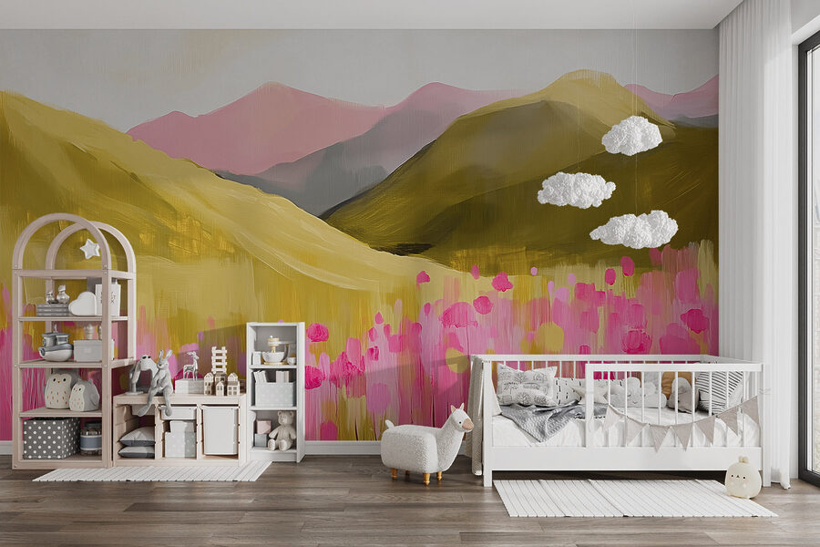 Pintura de um campo de flores cor-de-rosa