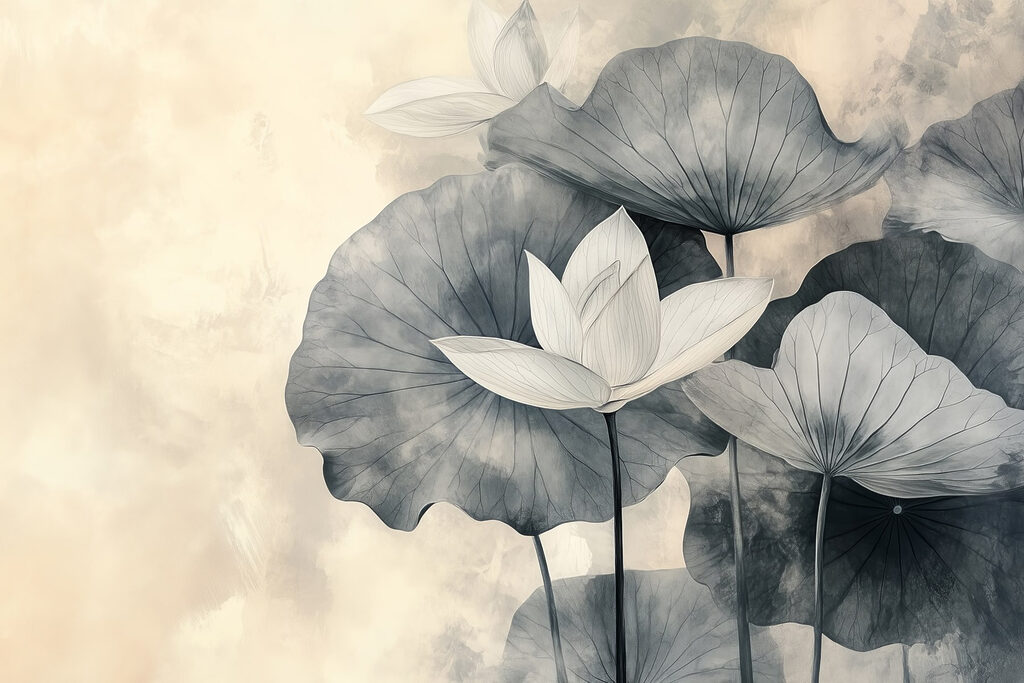 Flores delicadas em folhas de água suave Flores delicadas em folhas de água suave