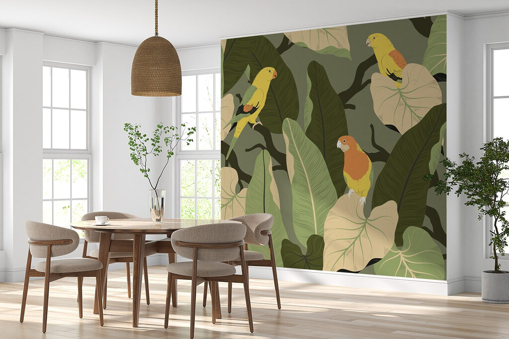 Colorful birds on a tree branch