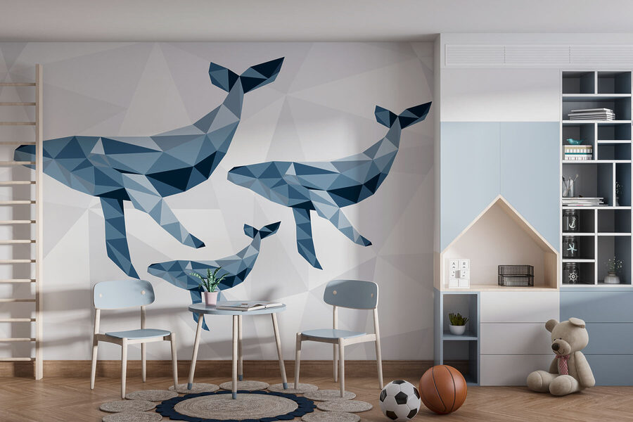 Grupo de baleias em estilo low poly