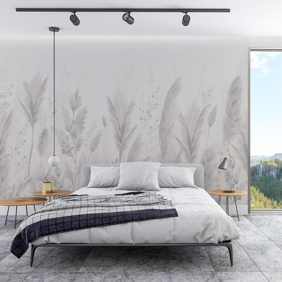 Papel de parede Fundo branco com relva e flores