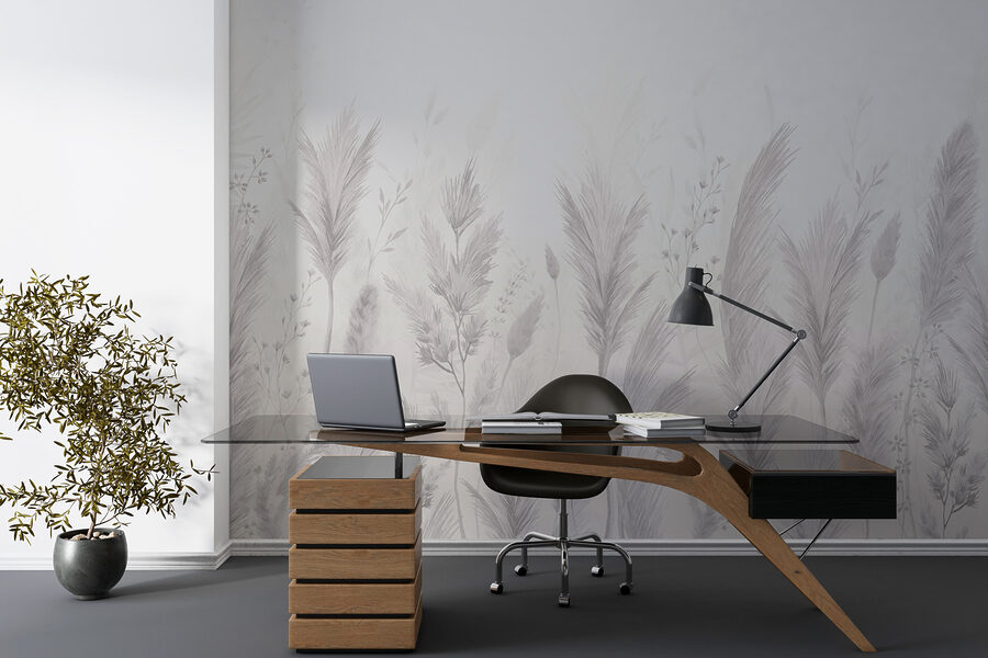 Papel de parede Fundo branco com relva e flores - Image 2