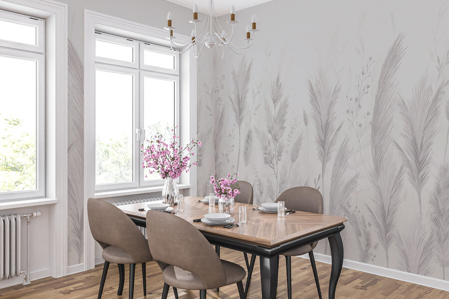 Papel de parede Fundo branco com relva e flores - Image 3
