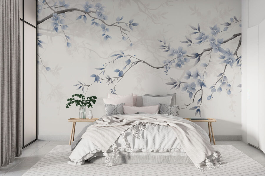 Ramo com flores e folhas azuis