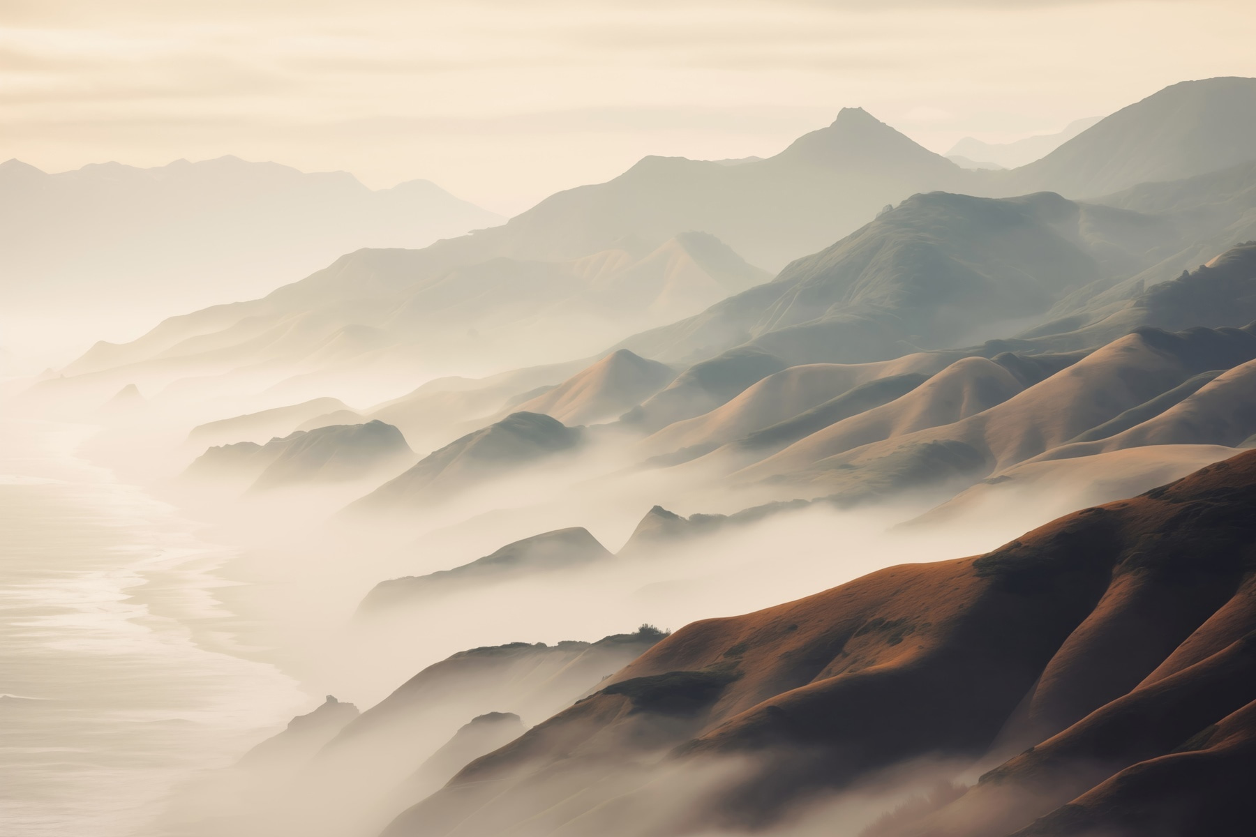 Foggy mountains with hills and water