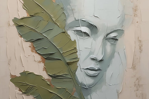 Pintura de um rosto e de uma folha Pintura de um rosto e de uma folha