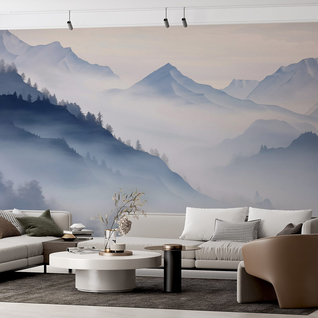 Mountain range with trees and fog