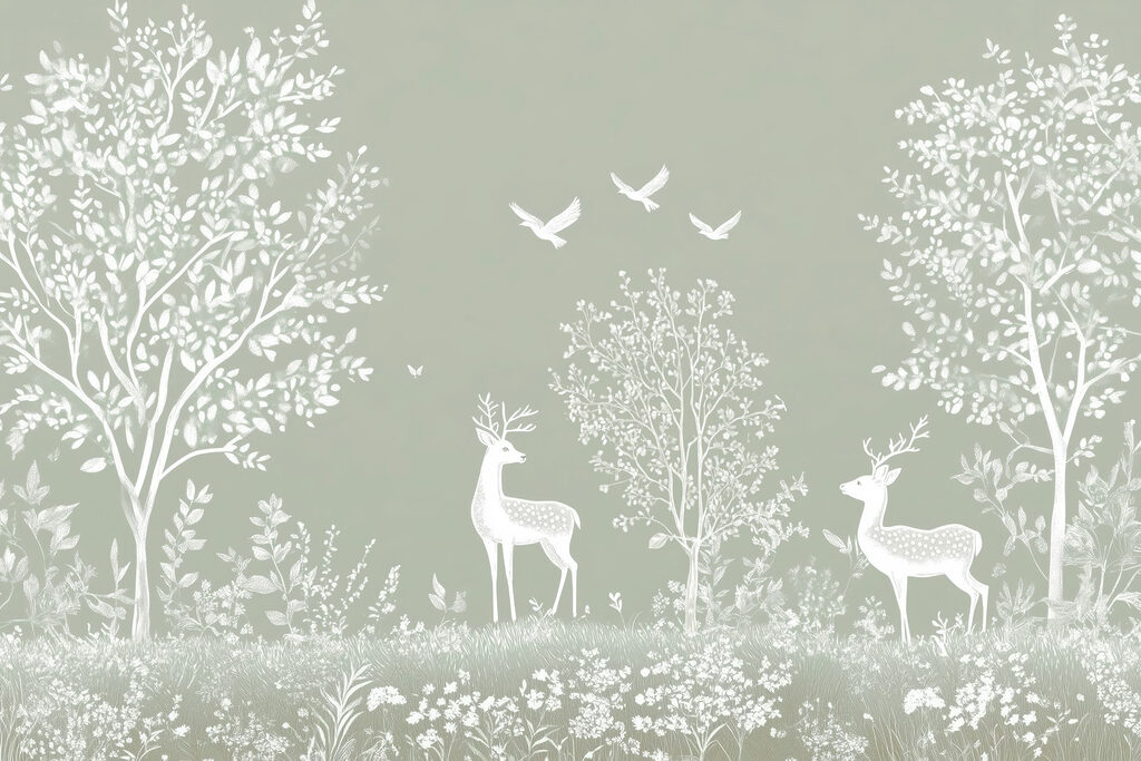 Veado branco e pássaros numa floresta Veado branco e pássaros numa floresta