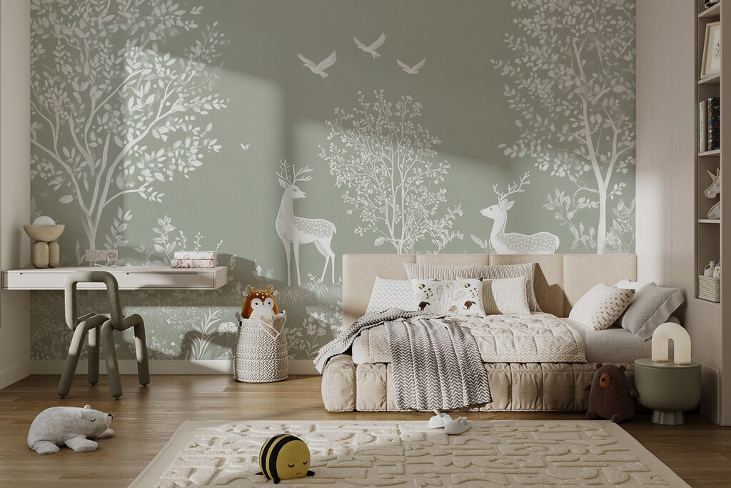 White deer and birds in a forest