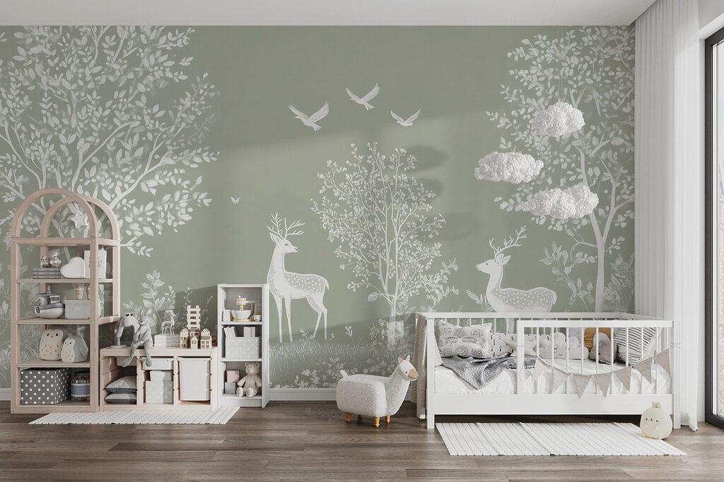 White deer and birds in a forest