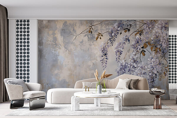 Pintura de um ramo com flores roxas Pintura de um ramo com flores roxas