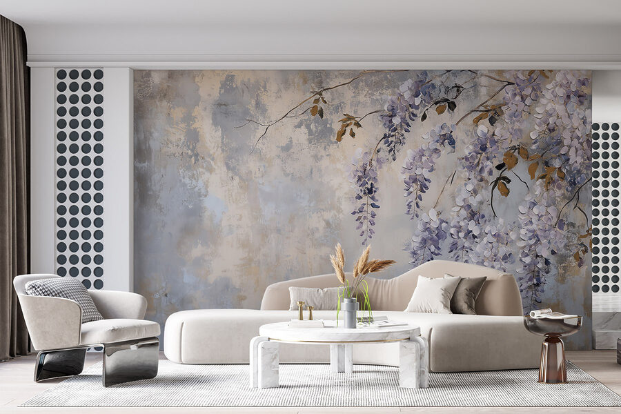 Pintura de um ramo com flores roxas