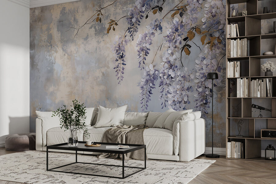 Pintura de um ramo com flores roxas