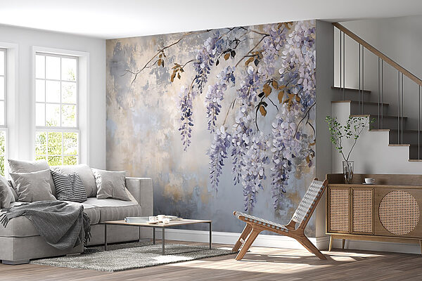Pintura de um ramo com flores roxas Pintura de um ramo com flores roxas