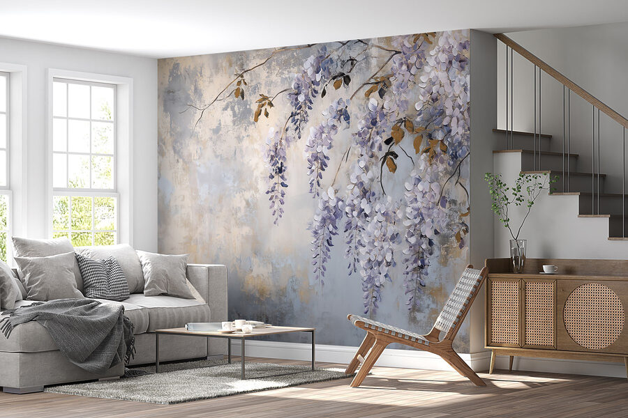 Pintura de um ramo com flores roxas