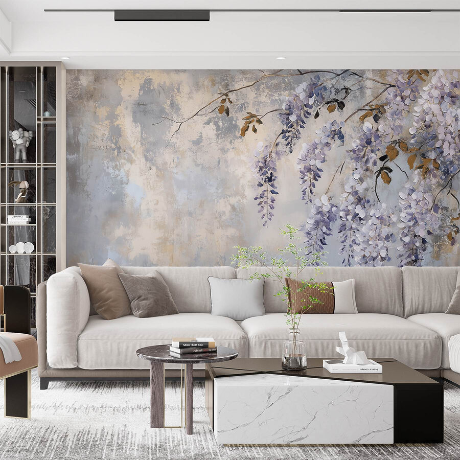Pintura de um ramo com flores roxas