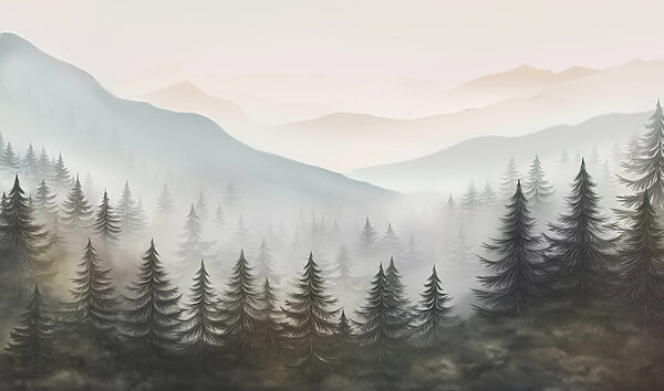 Paisagem de nevoeiro com árvores e montanhas Paisagem de nevoeiro com árvores e montanhas