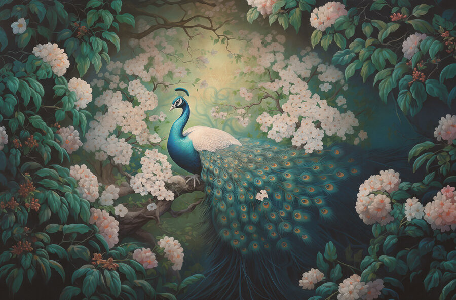 Papel de parede Pintura de um pavão num ramo de árvore - Image 4