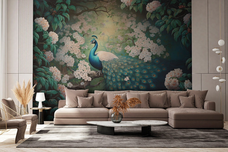 Papel de parede Pintura de um pavão num ramo de árvore