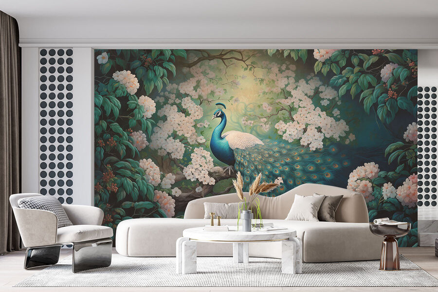 Papel de parede Pintura de um pavão num ramo de árvore - Image 2