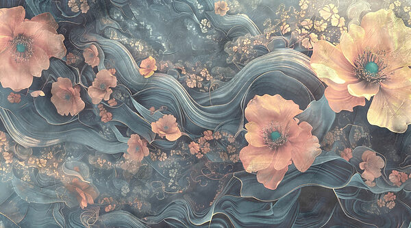 Pintura de flores e ondas Pintura de flores e ondas
