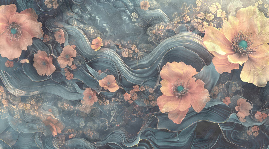Pintura de flores e ondas