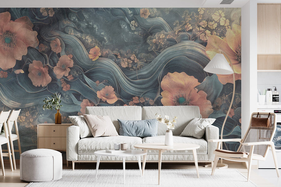 Pintura de flores e ondas