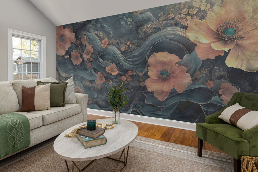 Pintura de flores e ondas