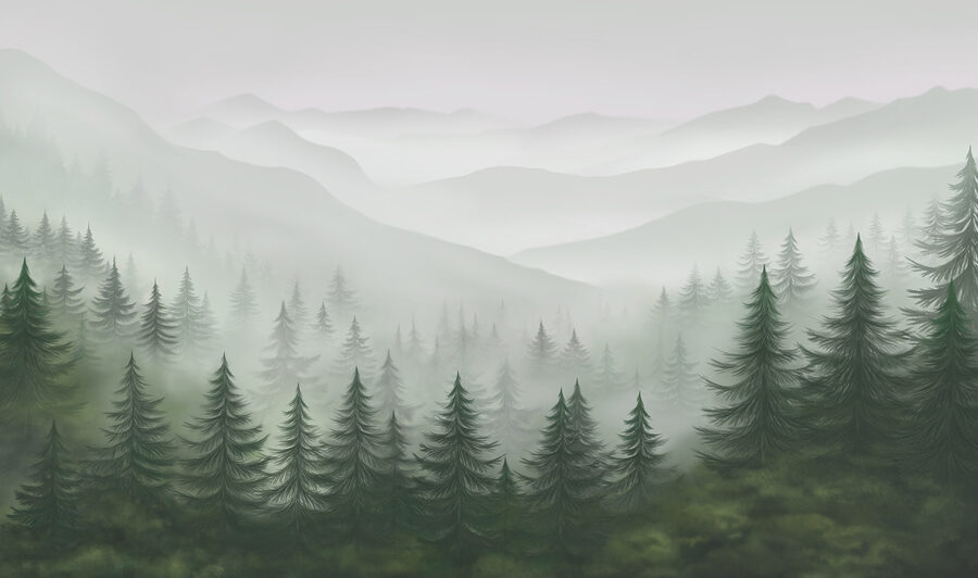 Paisagem de nevoeiro com árvores e montanhas