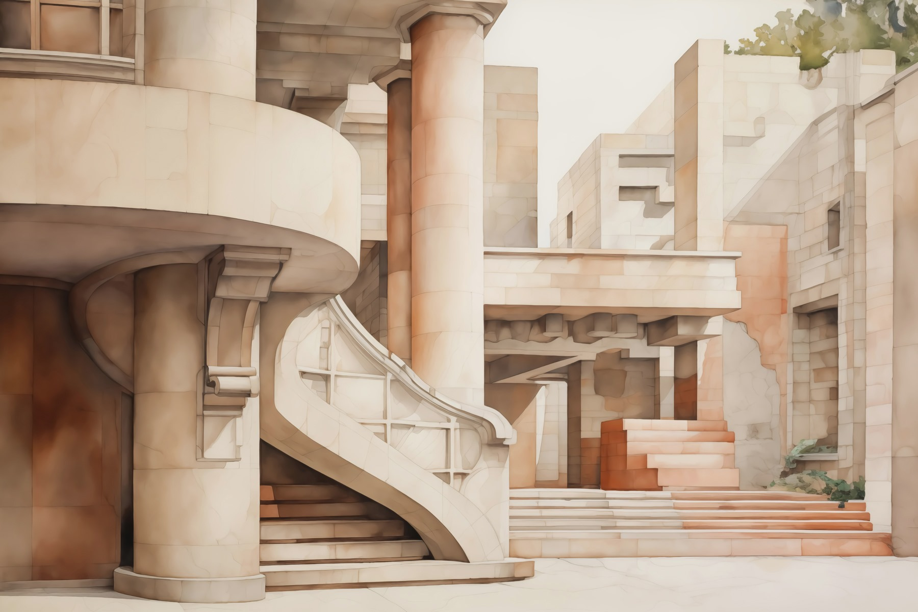 Painting of a building with stairs and steps Painting of a building with stairs and steps