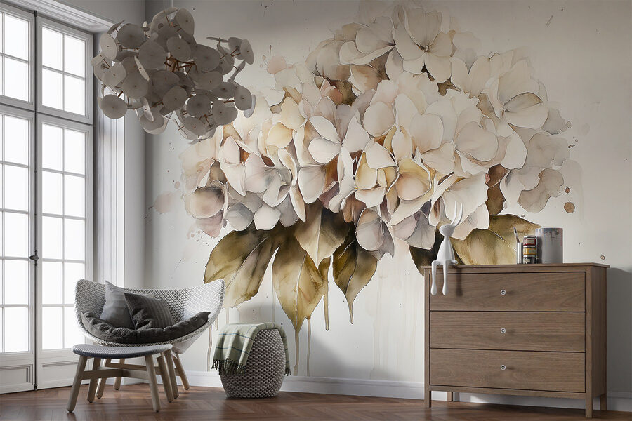 Pintura de um ramo de flores brancas