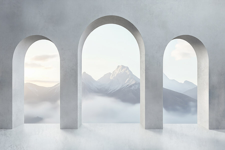 Papel de parede Quarto branco com janelas em arco e montanhas ao fundo - Image 5