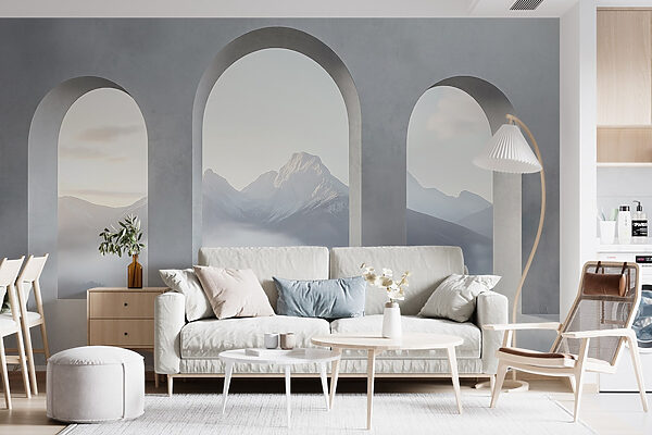 Papel de parede Papel de parede Quarto branco com janelas em arco e montanhas ao fundo (REF: w02510)