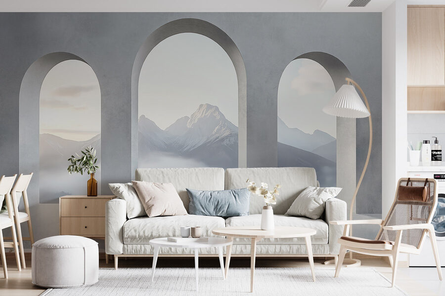 Papel de parede Quarto branco com janelas em arco e montanhas ao fundo