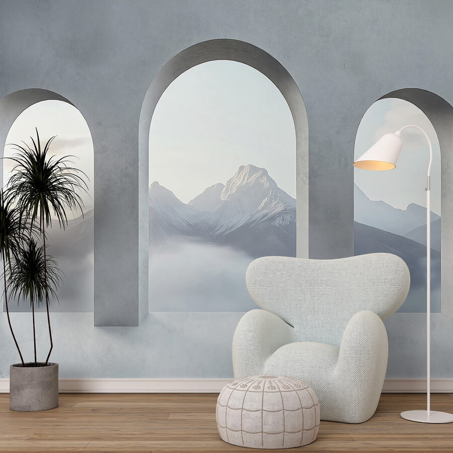 Papel de parede Quarto branco com janelas em arco e montanhas ao fundo - Image 2