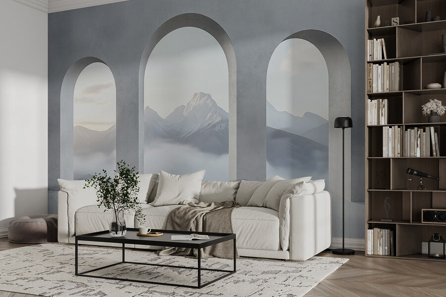 Papel de parede Quarto branco com janelas em arco e montanhas ao fundo - Image 3
